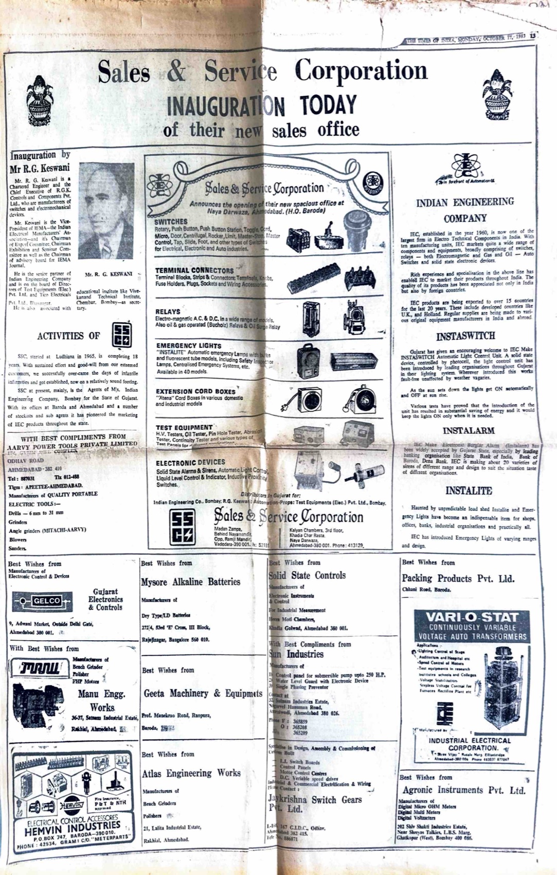 Sales & Service Corporation 1983 newspaper inauguration advertisement